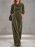 Casual Olive Green High-Neck Velvet Trouser Set