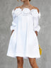 White off-the-shoulder loose mini dress with 3D floral details