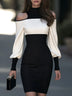Color-block off-shoulder lantern-sleeve fitted mini dress