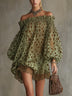 Green Polka Dot Off-Shoulder Chiffon Mini Dress with Lace Hem