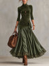 Olive Green Velvet Satin Panelled Lace Hem Maxi Dress