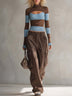 Retro striped cut-out high-neck top and cargo pants two-piece set