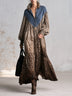 Extra-long dress in a brown gradient leopard print with a ruffled neckline