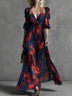 Elegant blue V-neck chiffon maxi dress with red feather print
