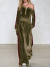 Casual Green Color-Block Velvet Set with Asymmetric Shoulder