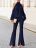 Off-the-Shoulder Ruffled Blouse and Front-Slit Flared Pants Chiffon Set