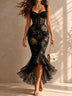Romantic Floral Midi Mermaid Dress with Lace Trim