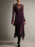 Elegant purple sheer lace-panelled midi dress