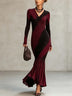 Red-to-black gradient pleated slim-fit maxi dress with flared hem