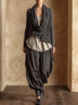 Grey three-piece linen set featuring a draped-collar cardigan and harem pants