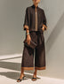 Brown linen mandarin-collar zip-up top and wide-leg trousers set