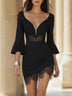 Black Deep V-Neck Flare-Sleeve Fitted Mini Dress