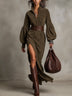 Olive Green Faux Suede Balloon Sleeve Maxi Dress（Belt included）