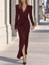 Burgundy Lace Trim Wrap Ruched Maxi Dress