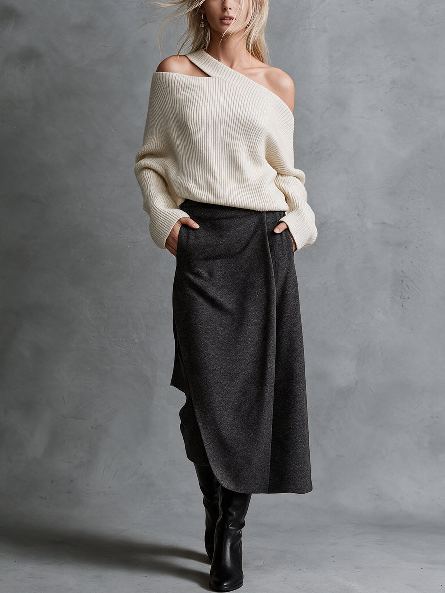 Beige cut-out off-shoulder top and grey wrap midi skirt set