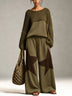 Olive Green loose-fitting top and star-patchwork wide-leg pants set