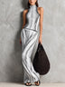 Stylish Black and White Linear Print Sleeveless Stretch Maxi Dress