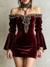 Burgundy off-the-shoulder ruffled velvet mini dress