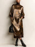 Vintage satin printed midi dress with a high neck and long sleeves