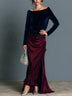 Navy blue velvet top and burgundy satin maxi skirt set