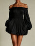 White off-shoulder ruched smocked-waist mini dress