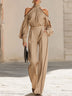 Beige Off-the-Shoulder Strapless Top and Wide-Leg Pants Set