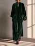 Green velvet round-neck lantern-sleeve top and wide-leg trousers set