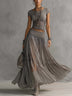 Grey Sheer Lace-Paneled Top and Pleated Maxi Skirt Set