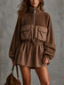 Casual Brown Stand-Collar Half-Zip Pocket Mini Dress
