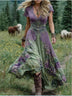 Deep V-neck short-sleeve dress with a creative patterned motif