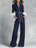 Elegant Navy Blue Ruffled Top And Wide-leg Pants Set