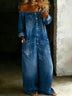 Fashionable single-breasted off-shoulder washed denim jumpsuit