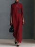 Minimalist Embroidered Long Dress with Slit Sleeves and Pockets