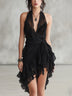 Black Halter Neck Lace Ruffled Mini Dress