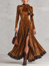 Golden Brown Velvet Maxi Dress With Neck Tie And Black Lace Trim