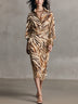 Elegant Brown Zebra-Print Lace-Up Midi Shirt Dress