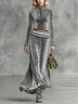 Retro Stand-Up Collar Leopard Print Velvet Top & Maxi Skirt Set