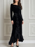 Black Velvet Rose Draped Asymmetric Ruffle Hem Maxi Dress
