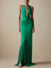 Elegant green deep-V-neck halter maxi dress with fringe