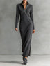 Dark grey Half-Zip Stand Collar Maxi Dress With Leather Trim