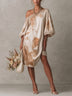 Beige oversized abstract-print one-shoulder midi dress