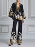 Black Floral Fall Fashion Top & Wide Leg Pants Set