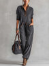 Casual grey corduroy long-sleeve jumpsuit with piping detail