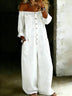 Fashionable single-breasted off-shoulder washed denim jumpsuit