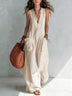 Solid-color V-neck loose-fit Euro-American style jumpsuit with large pockets