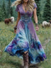 Deep V-neck short-sleeve dress with a creative patterned motif