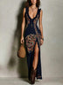 Bohemian-Style Printed Dress with Deep V-Neck and High Slit