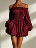 White off-shoulder ruched smocked-waist mini dress