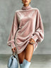 Casual High-Neck Loose-Fit Velvet Mini Dress with Lantern Sleeves