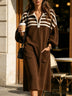 Casual Striped Mid-Length Dress with Half-Zip and Pockets